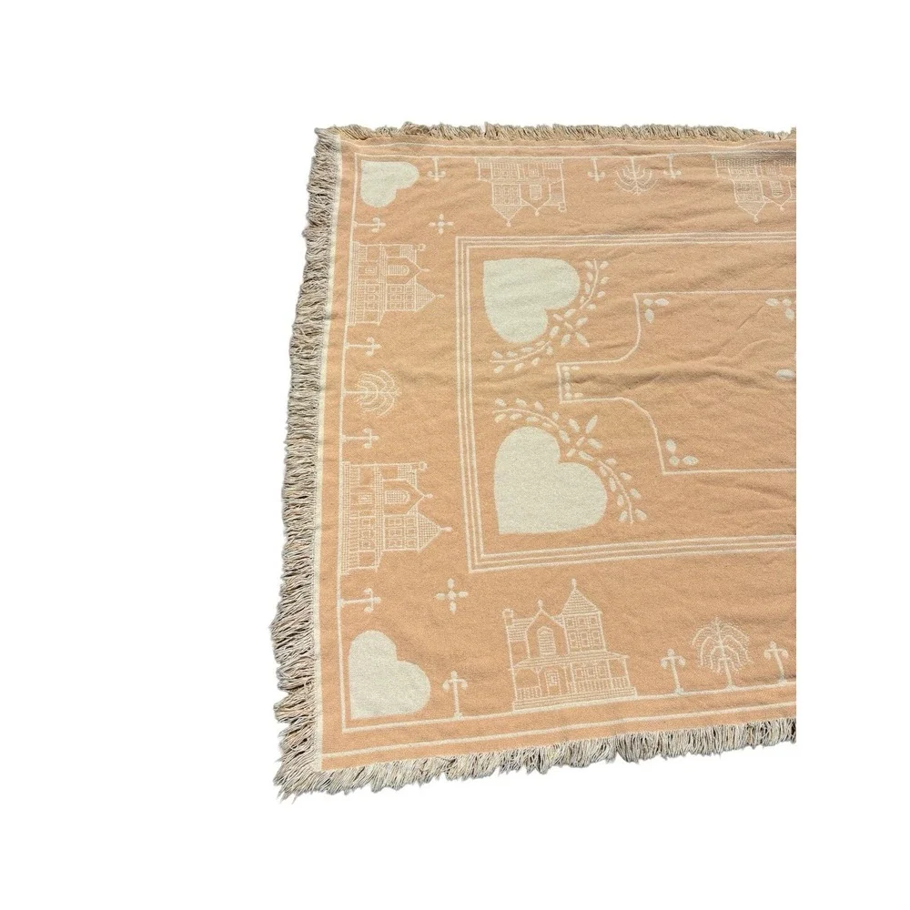 Vintage 1990 Tapestry Throw Cottagecore Peach Cream Houses Hearts Granny Mom